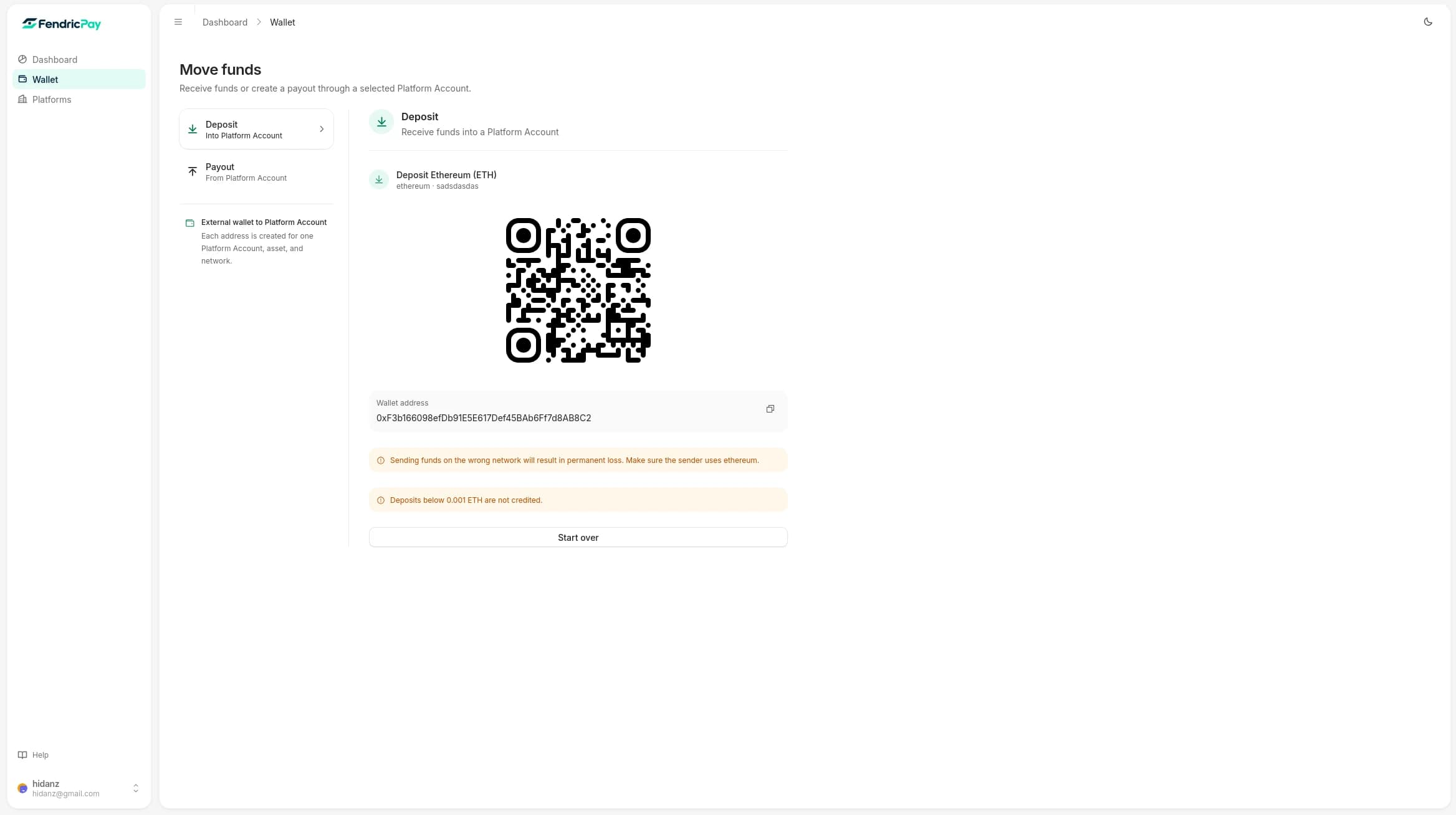 FendricPay deposit address and QR code