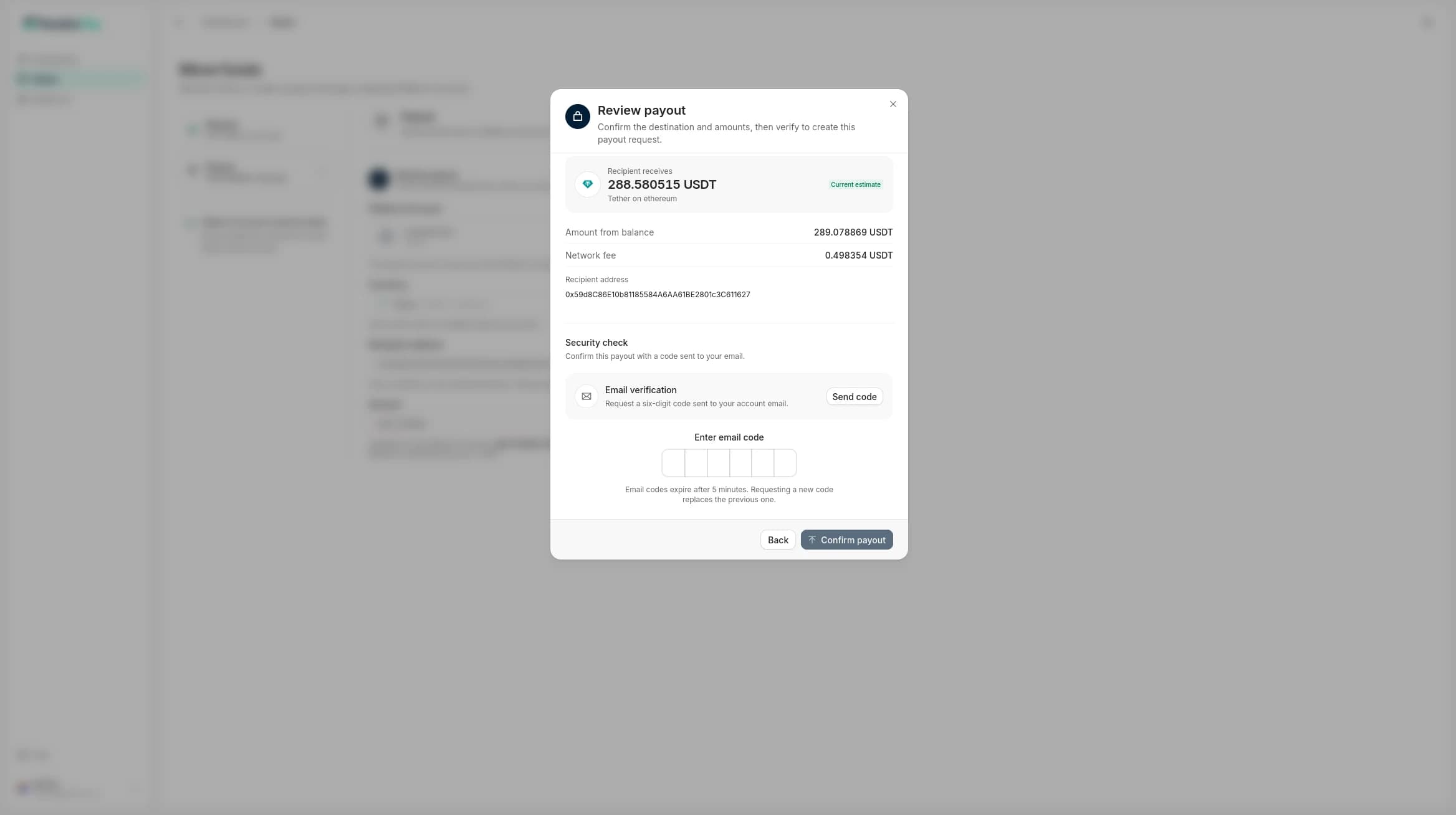 FendricPay payout review dialog