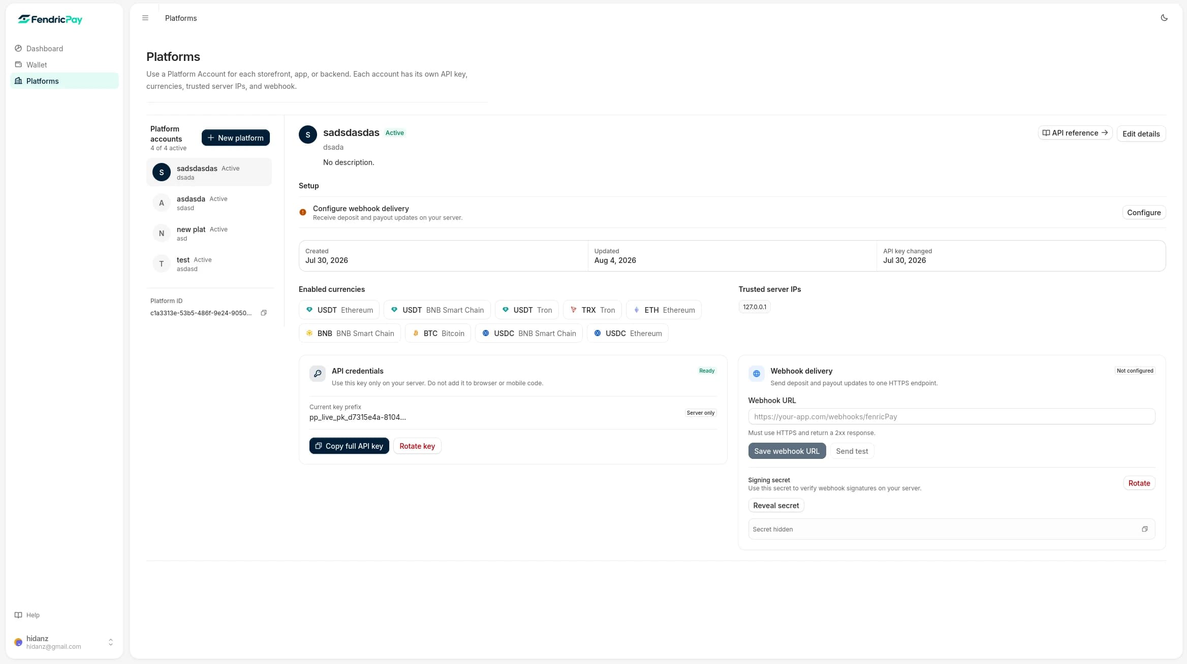FendricPay platform account and webhook settings