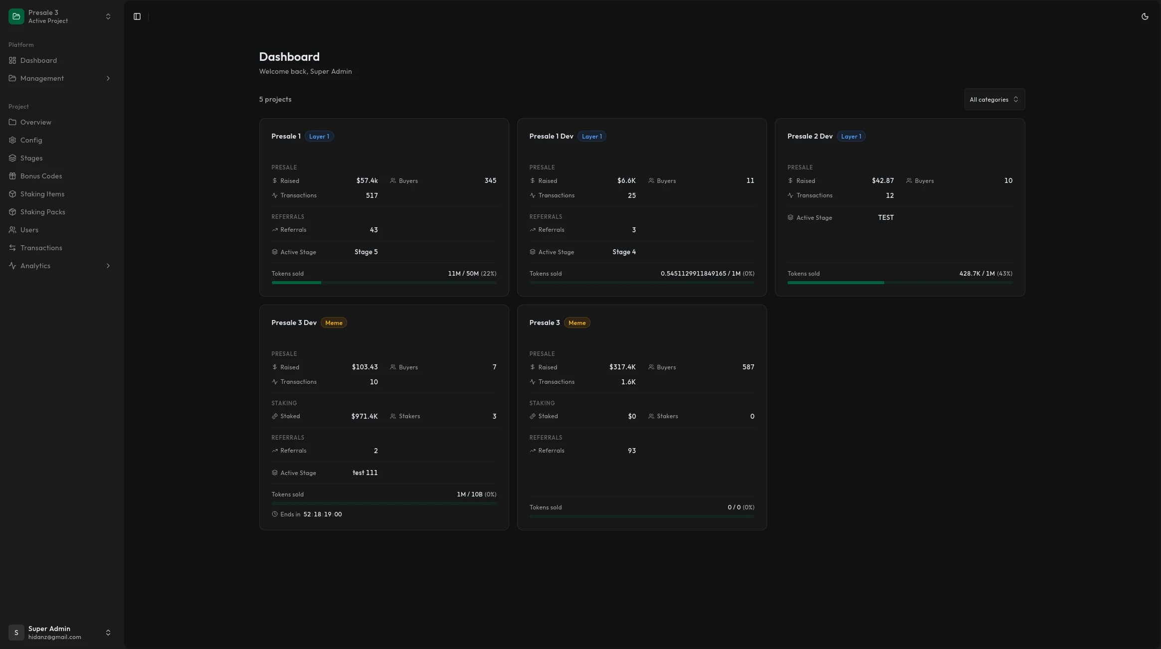 Presale operations dashboard with project summaries