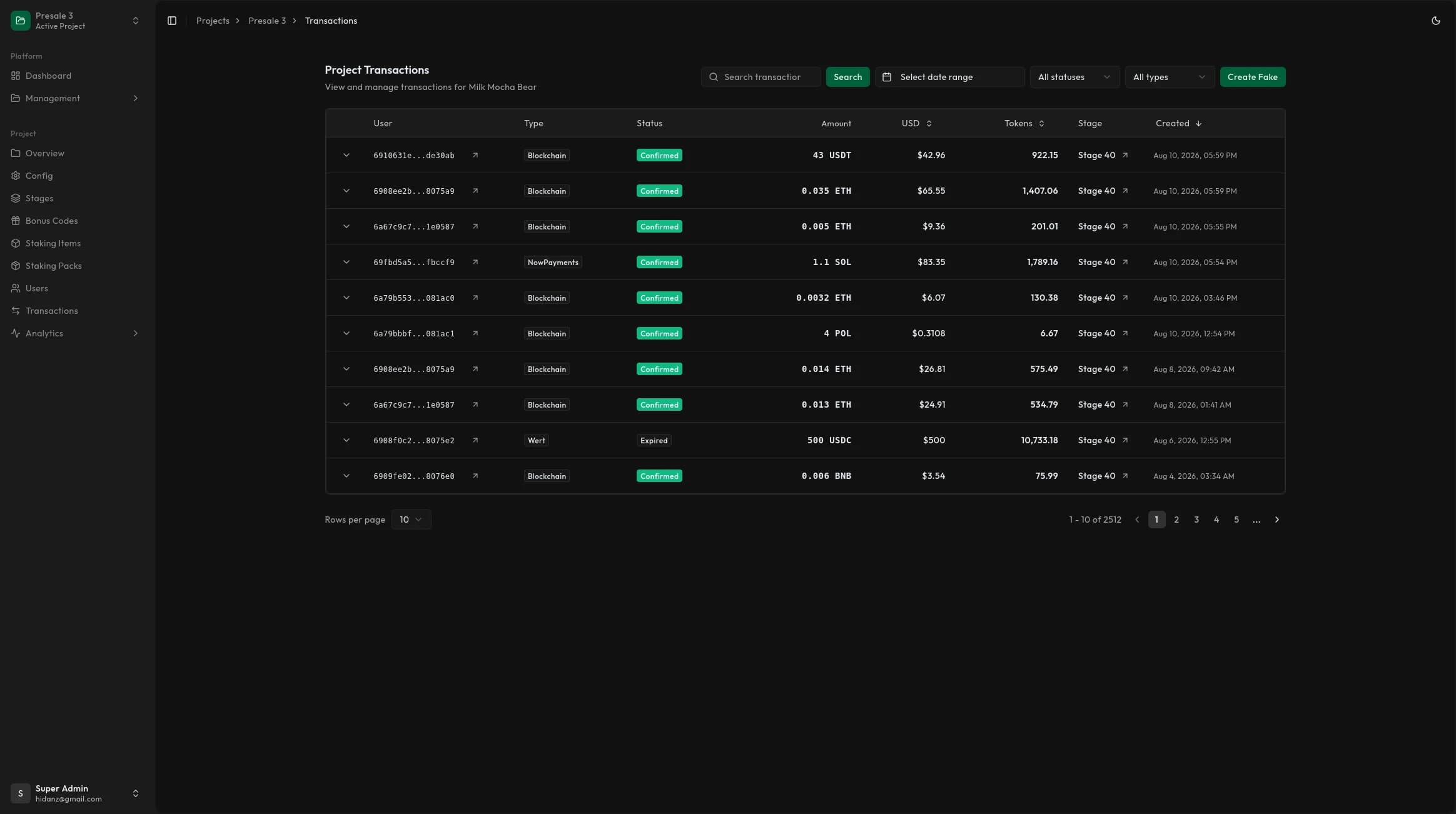 Presale transaction table for a connected project