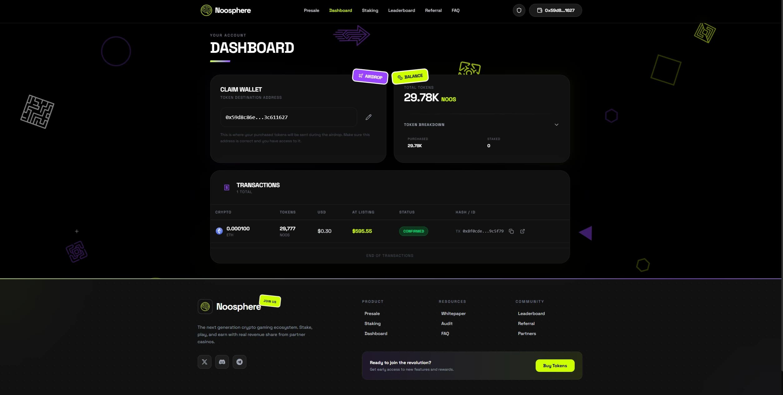 Managed presale buyer dashboard with transaction history