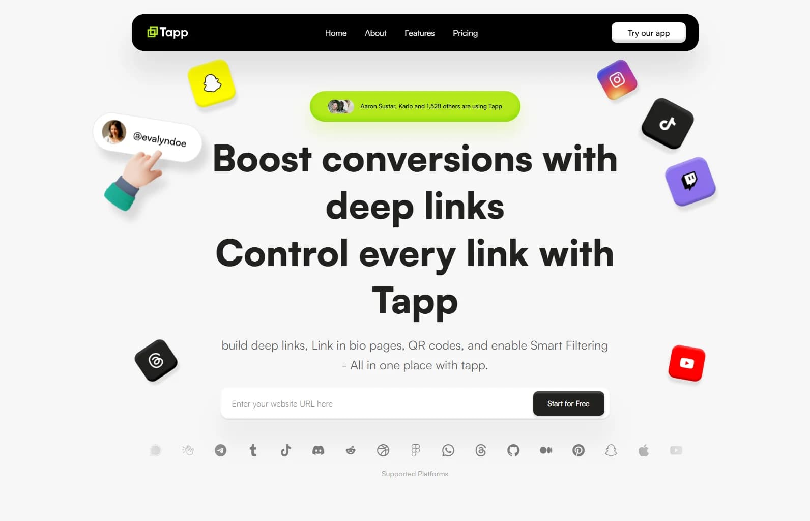 Tapp deep-link platform landing page