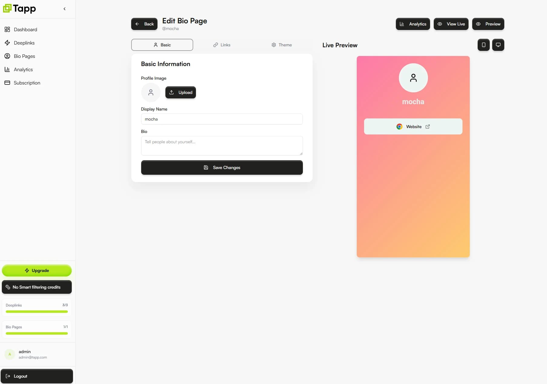 Tapp bio-page editor with mobile preview