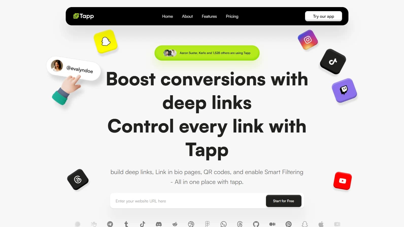 Tapp landing page with deep-linking features