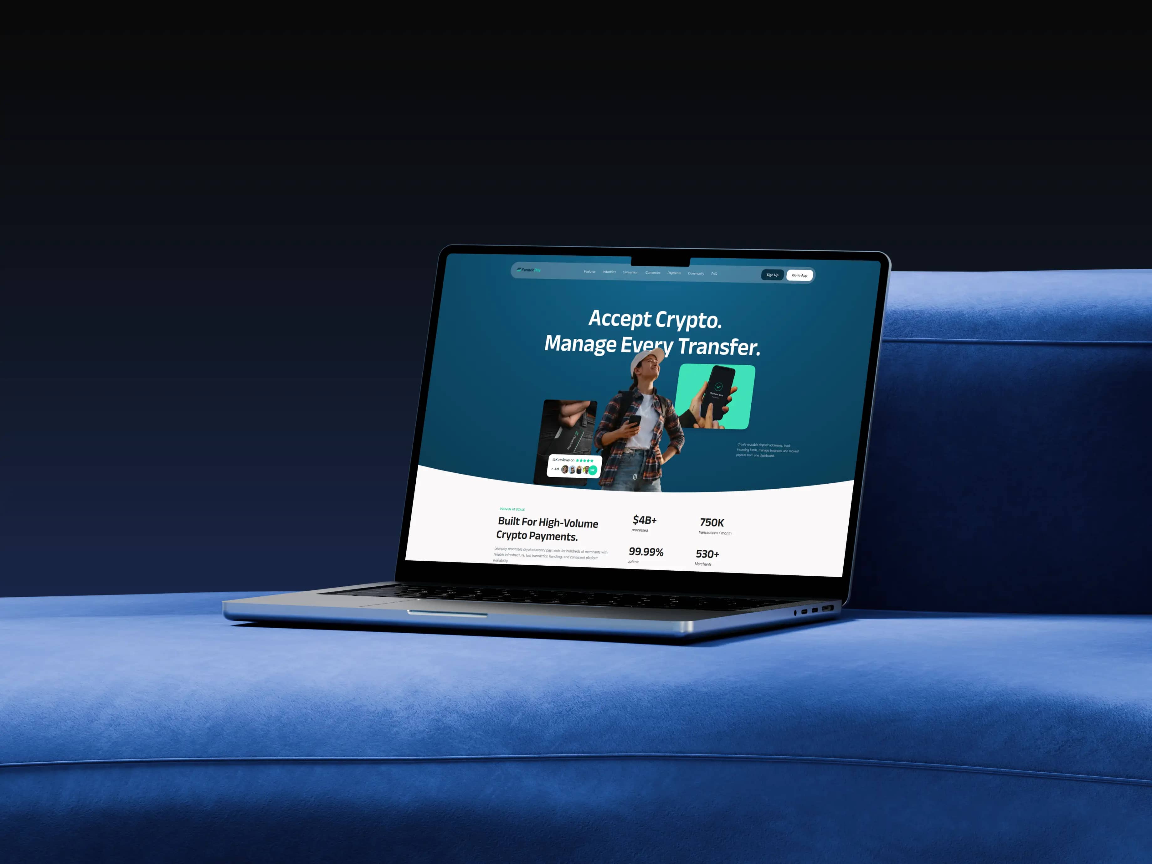 FendricPay landing page on a laptop, with the headline “Accept Crypto. Manage Every Transfer.” and payment volume stats