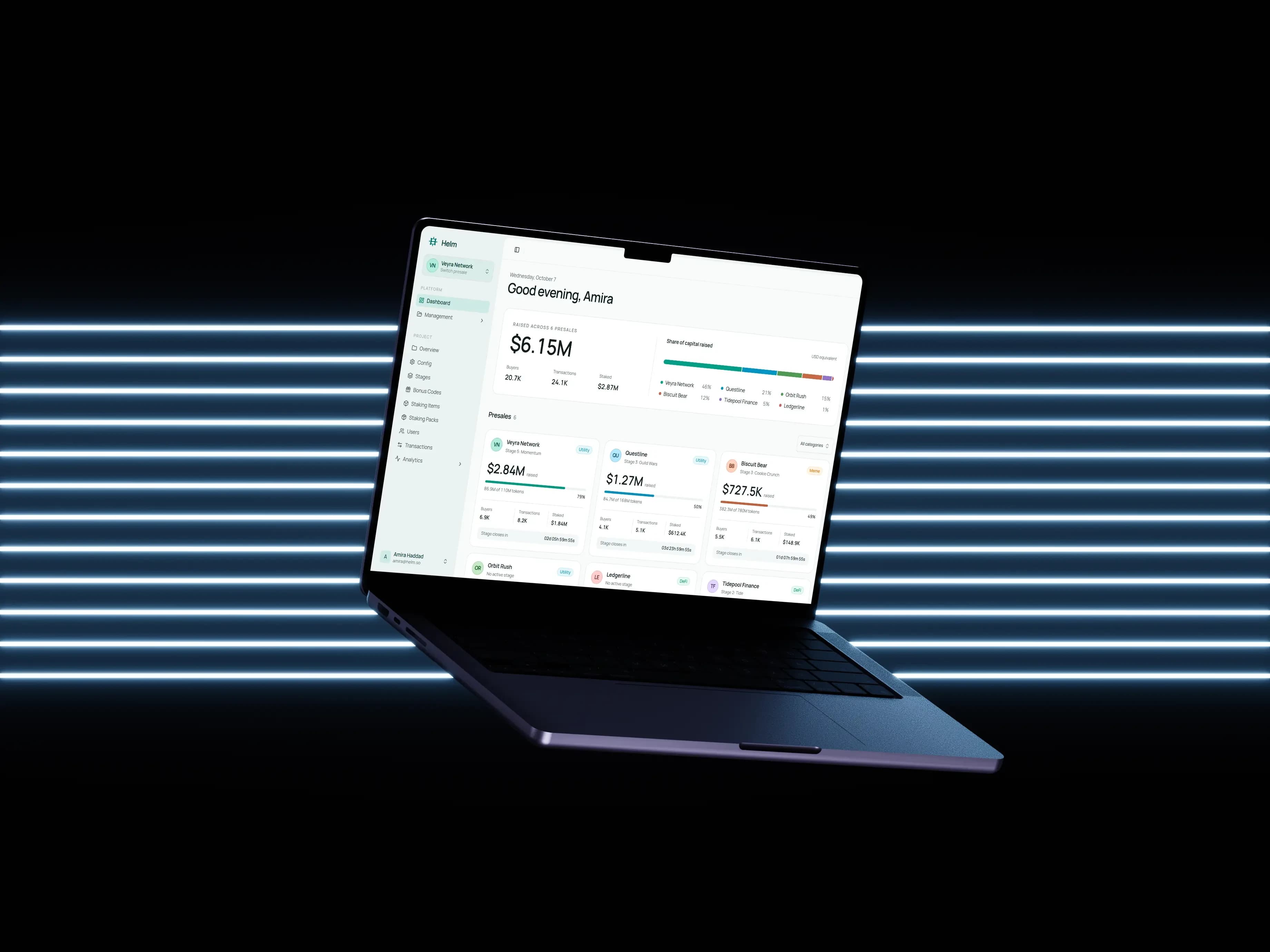 Crypto Presales Dashboard on a laptop, showing total funds raised across presales and a card for each presale