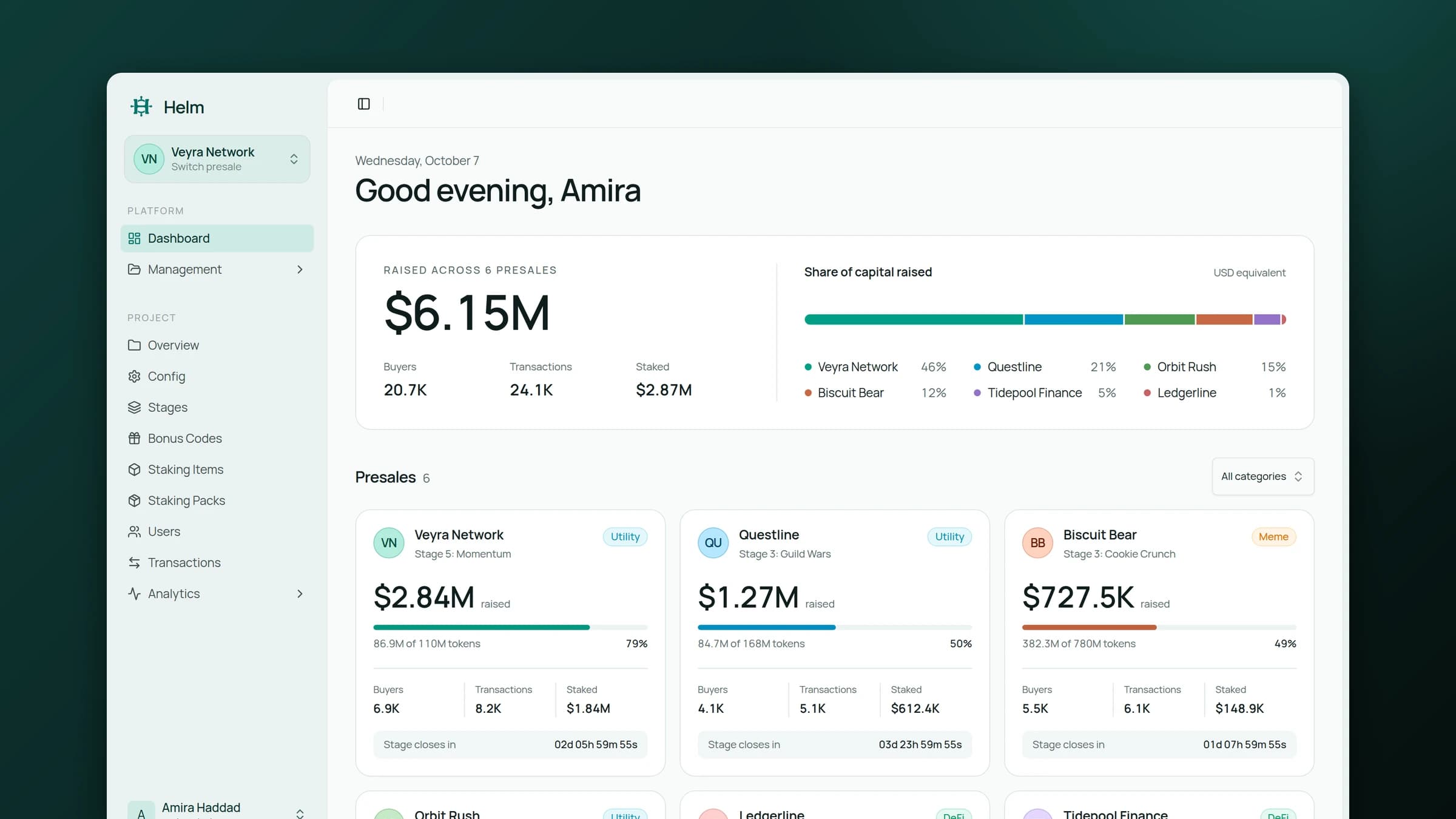 Presale operations dashboard with total capital raised, each presale's share, and project cards