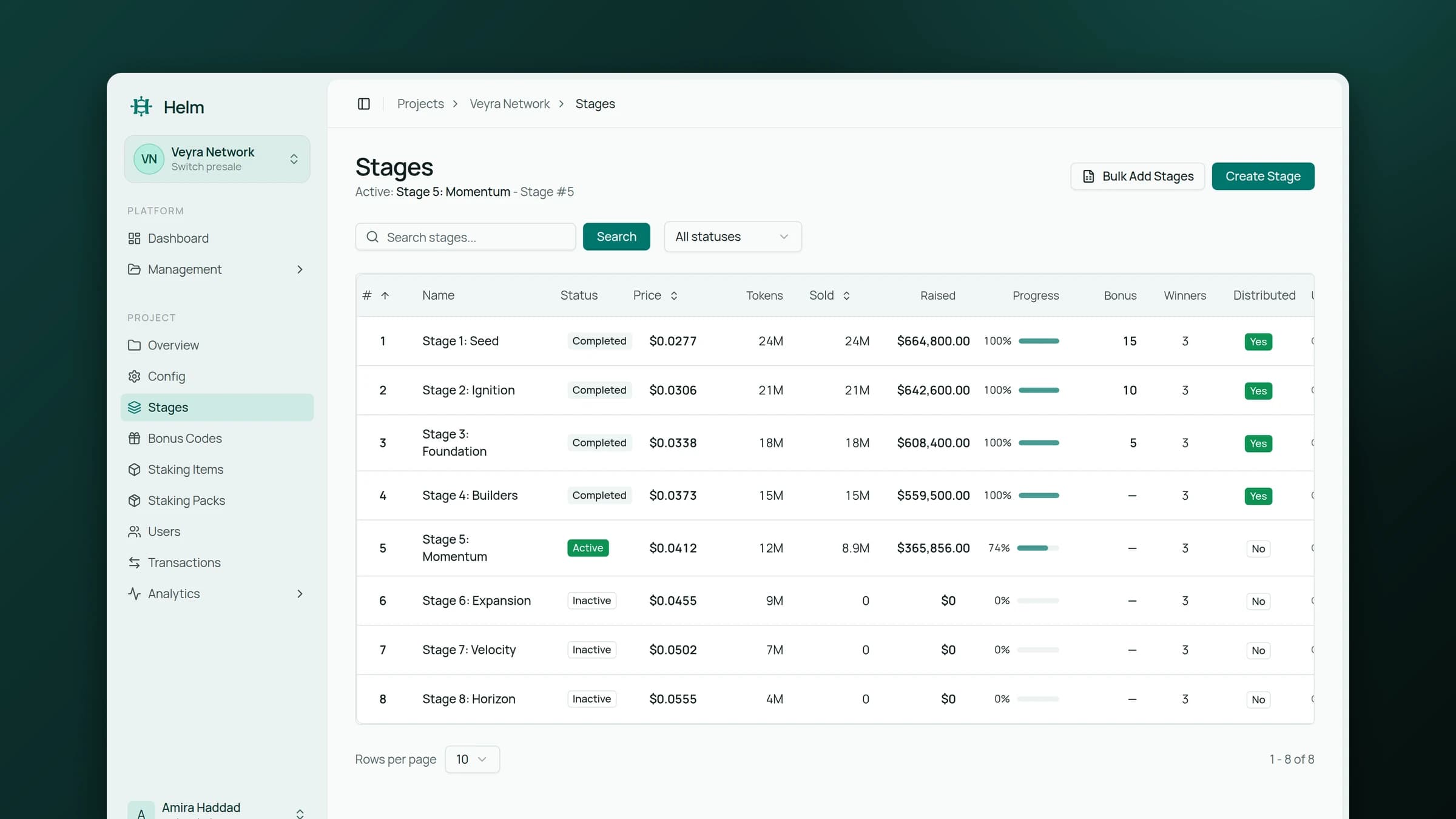 Presale stages table with prices, tokens sold, and amounts raised per stage