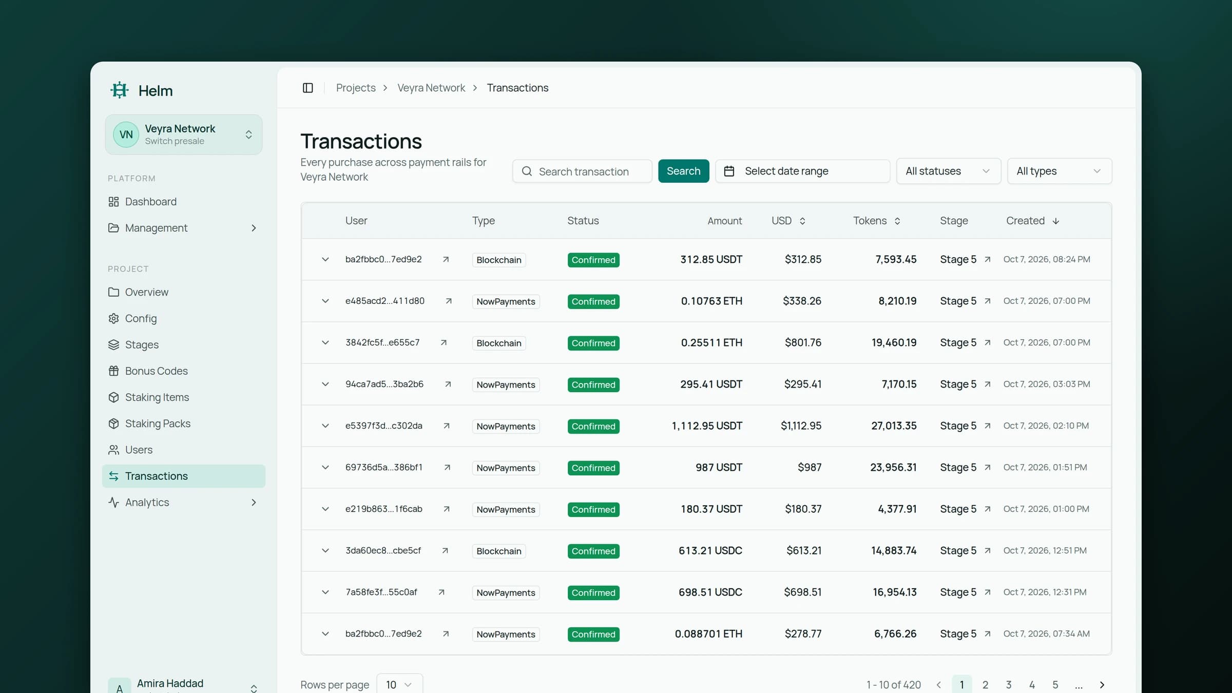 Transaction table across blockchain and card payment rails
