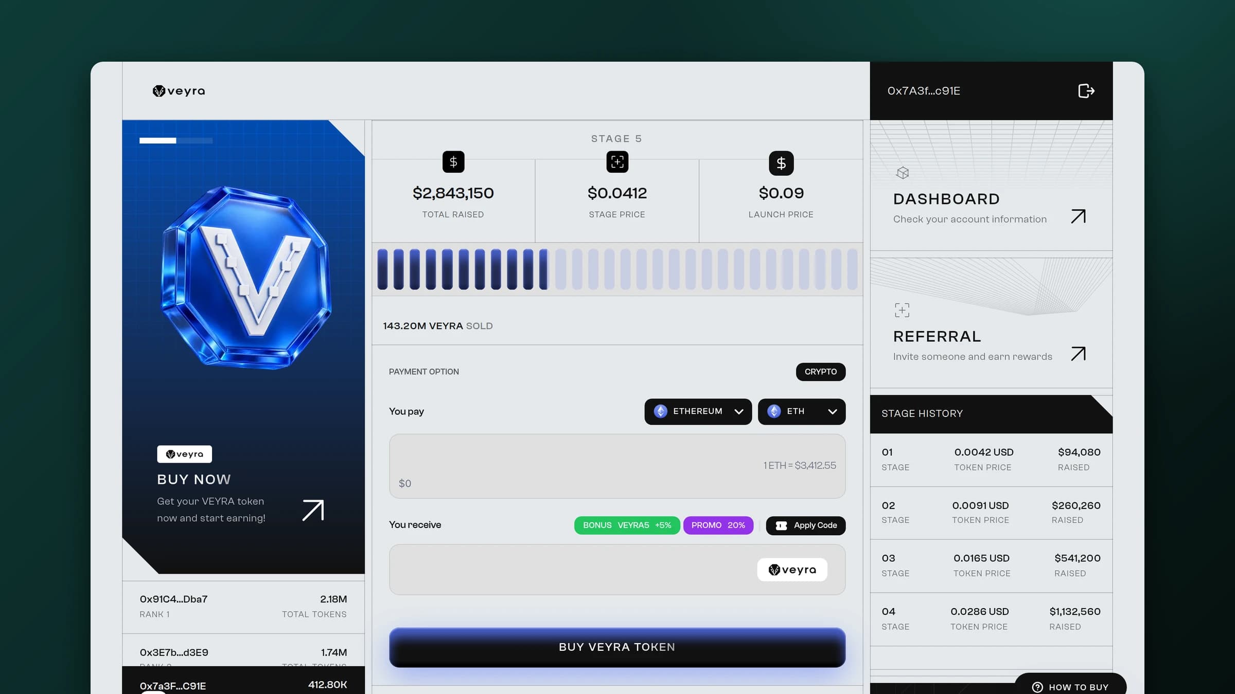 Managed presale buy page with stage progress, payment options, and stage history