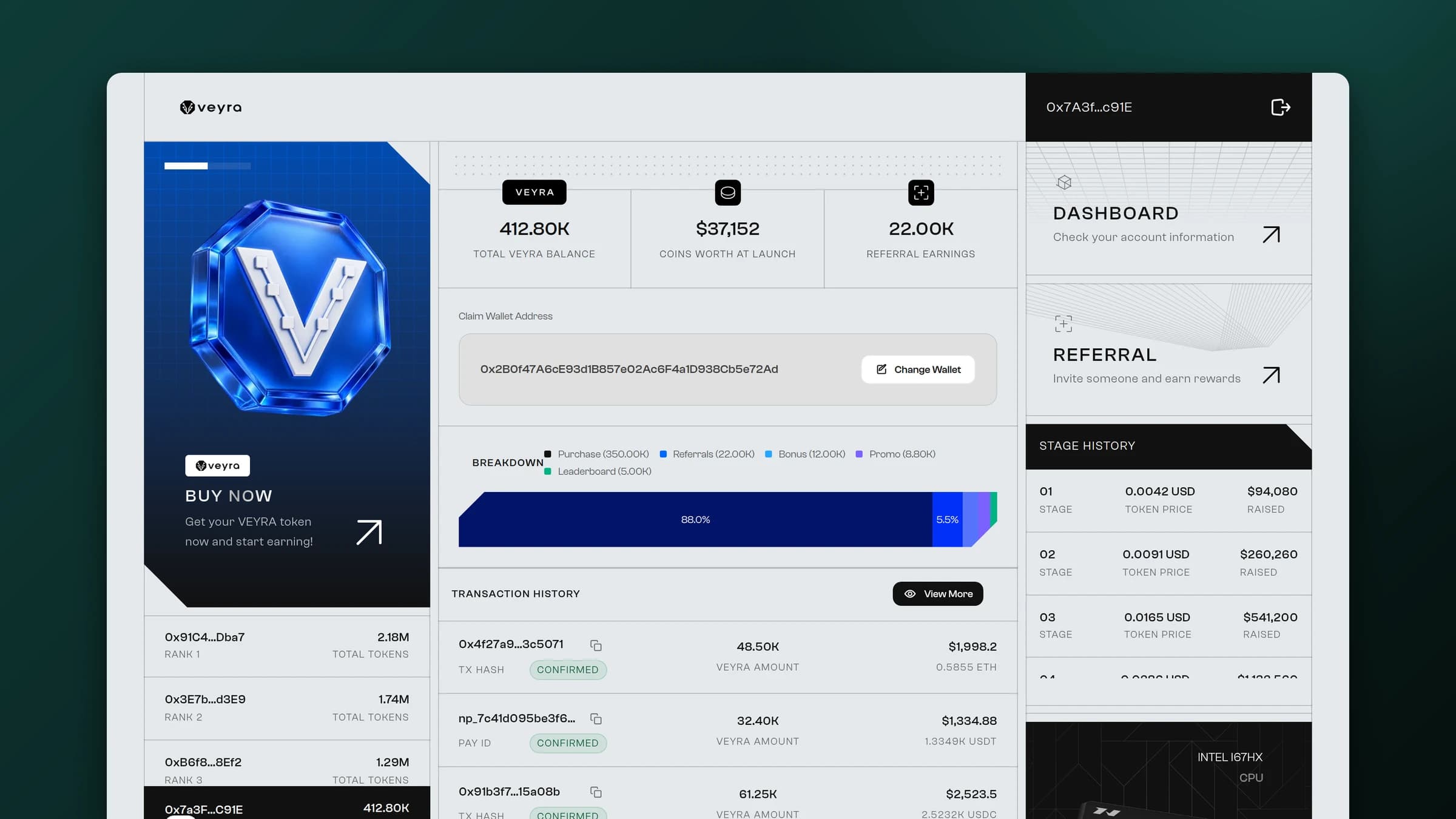 Managed presale buyer dashboard with token balance and transaction history