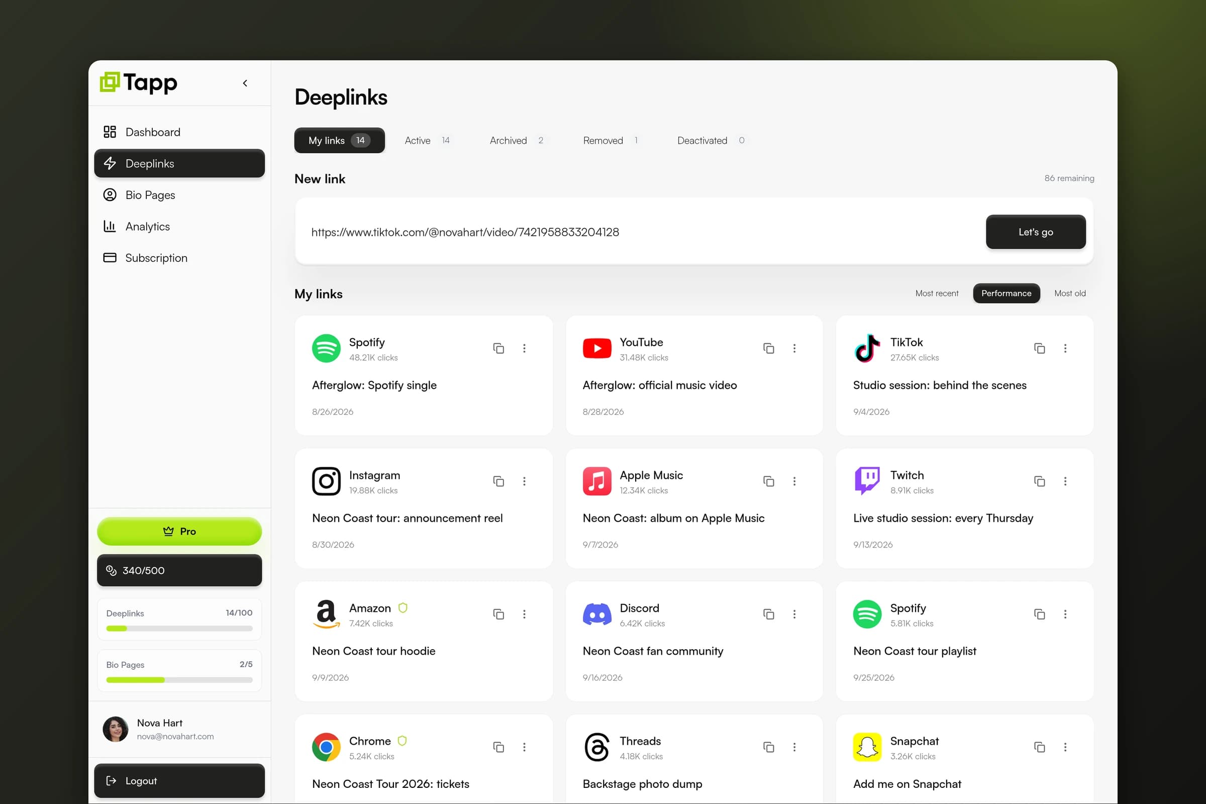 Tapp deep link list with detected apps and click counts, and a TikTok URL ready to shorten
