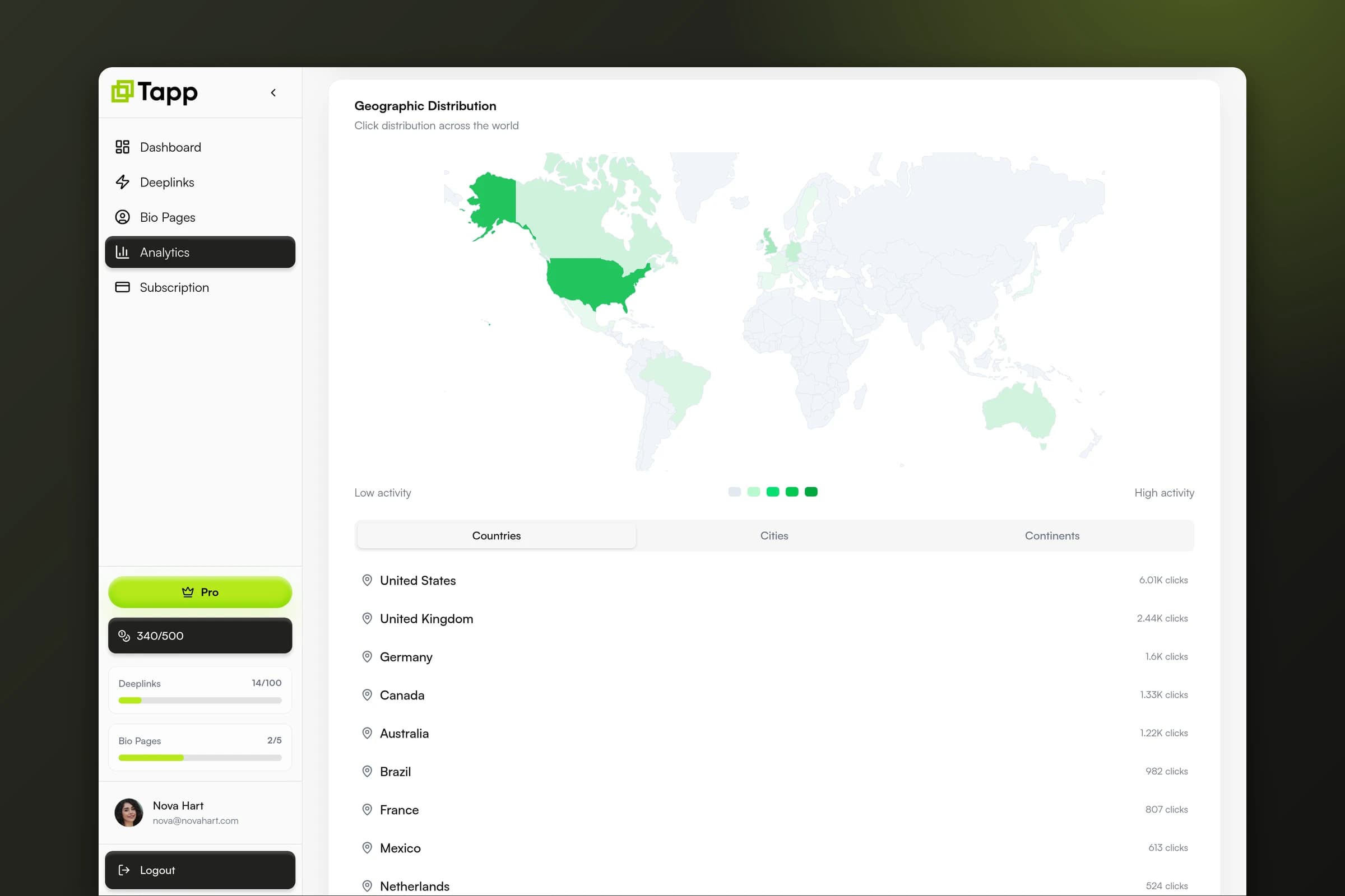 Tapp analytics map with clicks by country